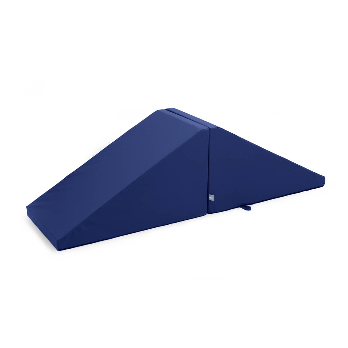 The Foamnasium Mega Wedge Play Triangles are designed for physical therapy or exercise. This blue, smooth, and cushioned mat is made with CertiPUR-US certified foam and can be folded in half at its center for easy storage or transport, forming a rectangular shape when folded and a triangular prism shape when opened.